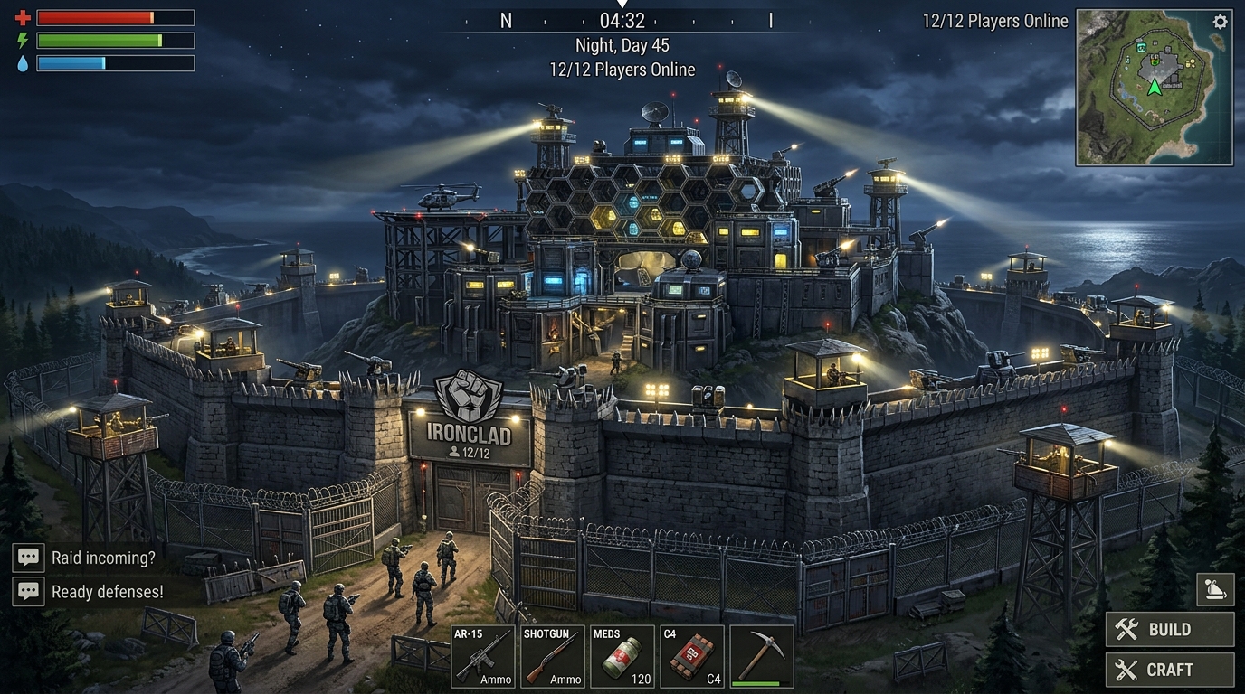 Fortaleza impenetrável com torres de vigia e holofotes no Oxide