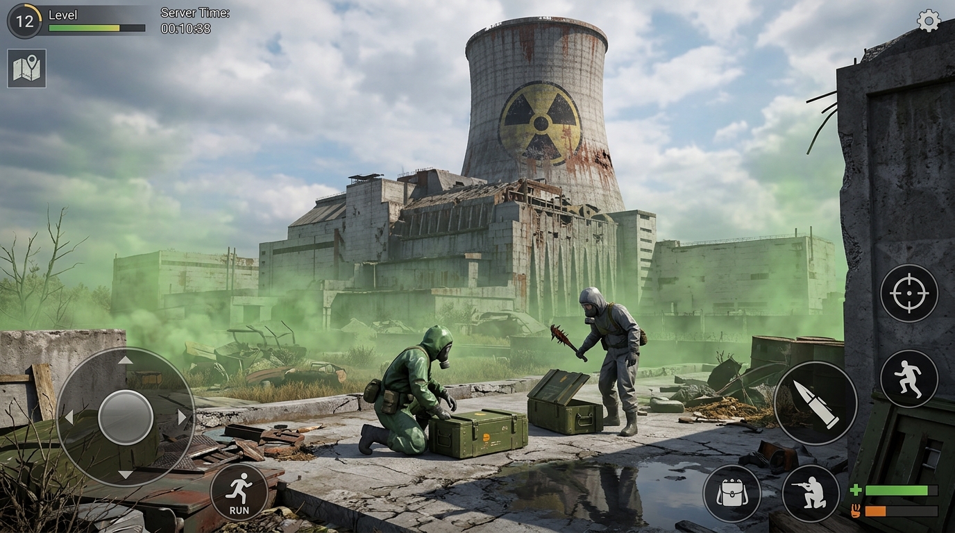 Monumento da Usina Nuclear com névoa de radiação e operadores em Oxide Mobile